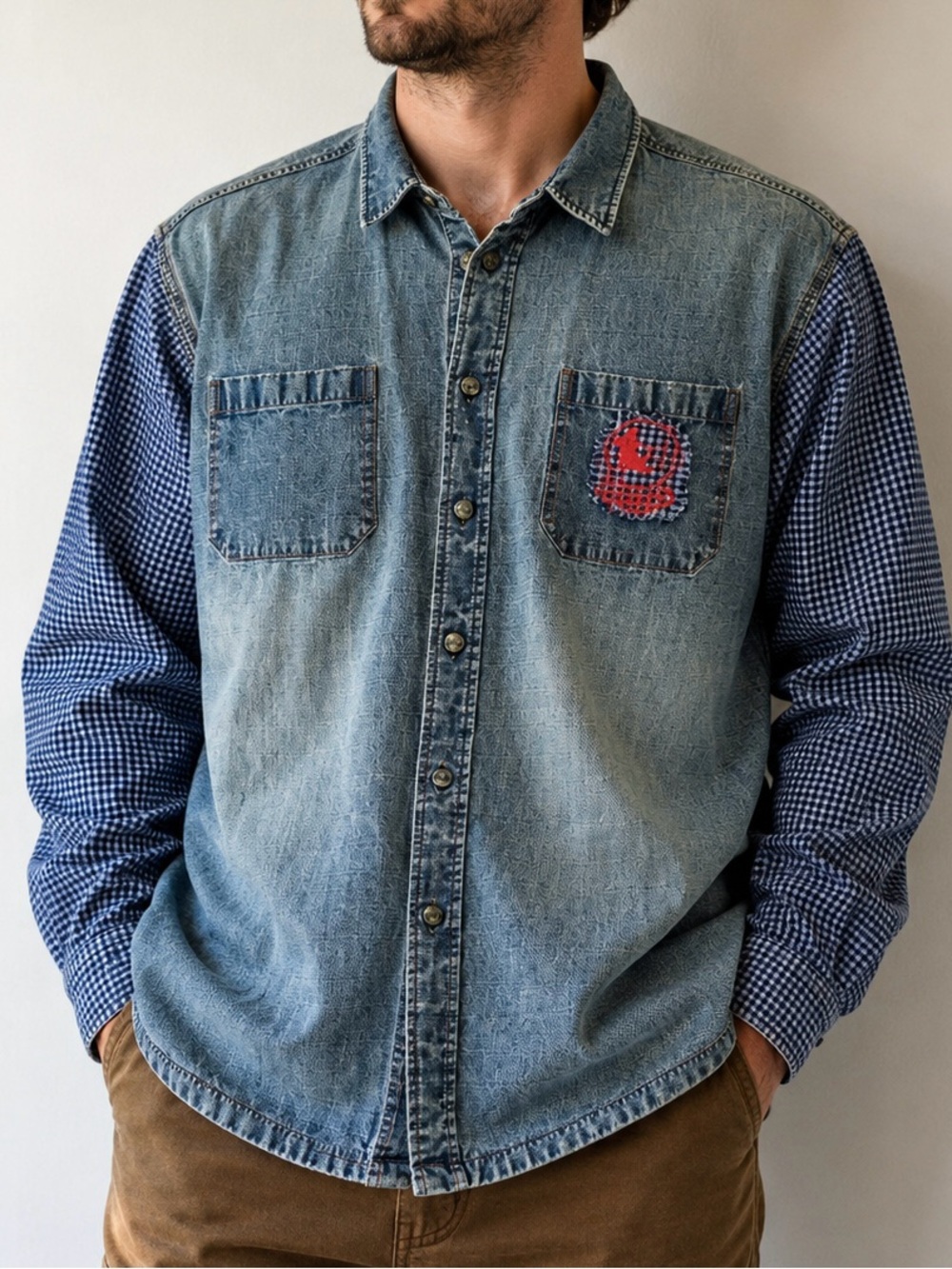 Mecca Denim shirt VINTAGE Checkered sleeves Men’s size XXL Western Rugged